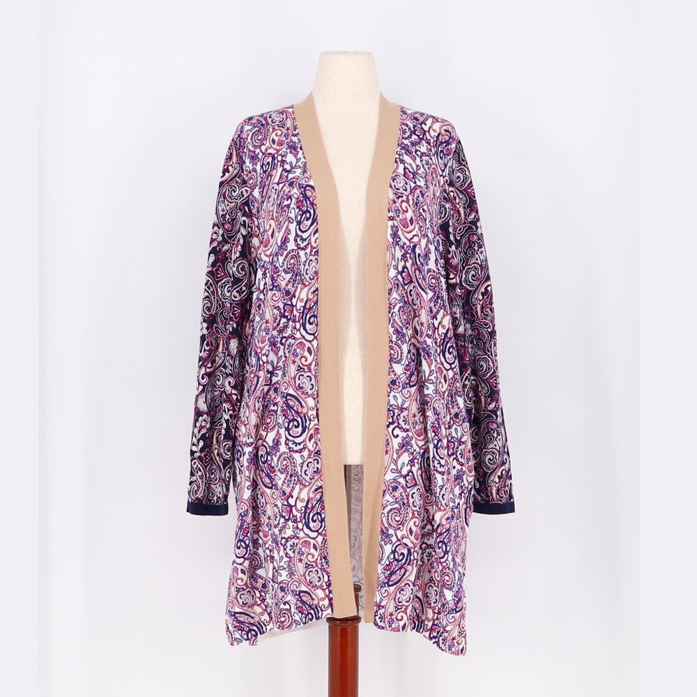 NWOT LANDS' END Long Open Cardigan Sweater in Ivory Paisley Purple Plus Size 1X